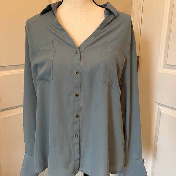 Candies light blue sheer long sleeve button down dressy top - Picture 3 of 6